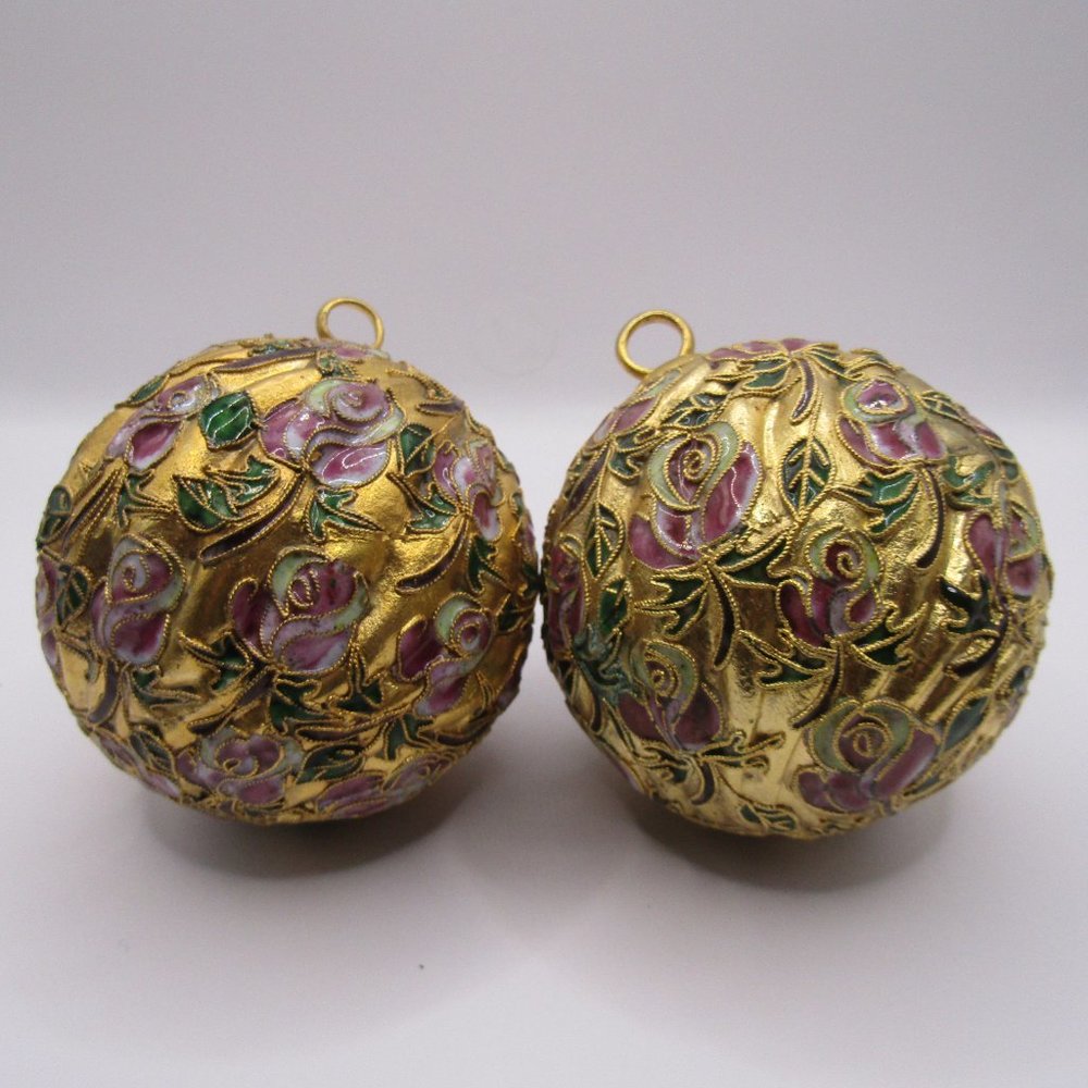 Two Vintage Cloisonné Enamel Floral Ball Ornaments